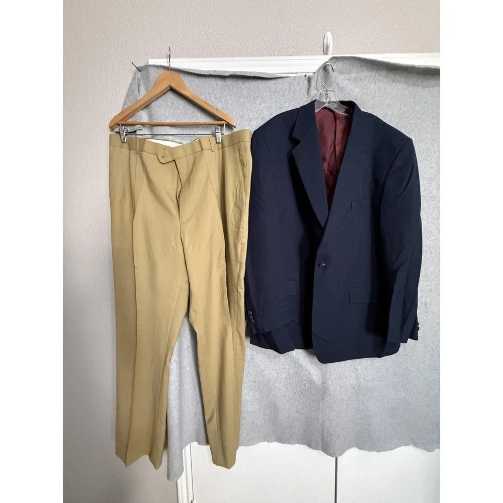 Haband Suit Mens 48L 43x32 Navy Tan Polyester Wool 2 Piece Jacket Pants‎ Classic
